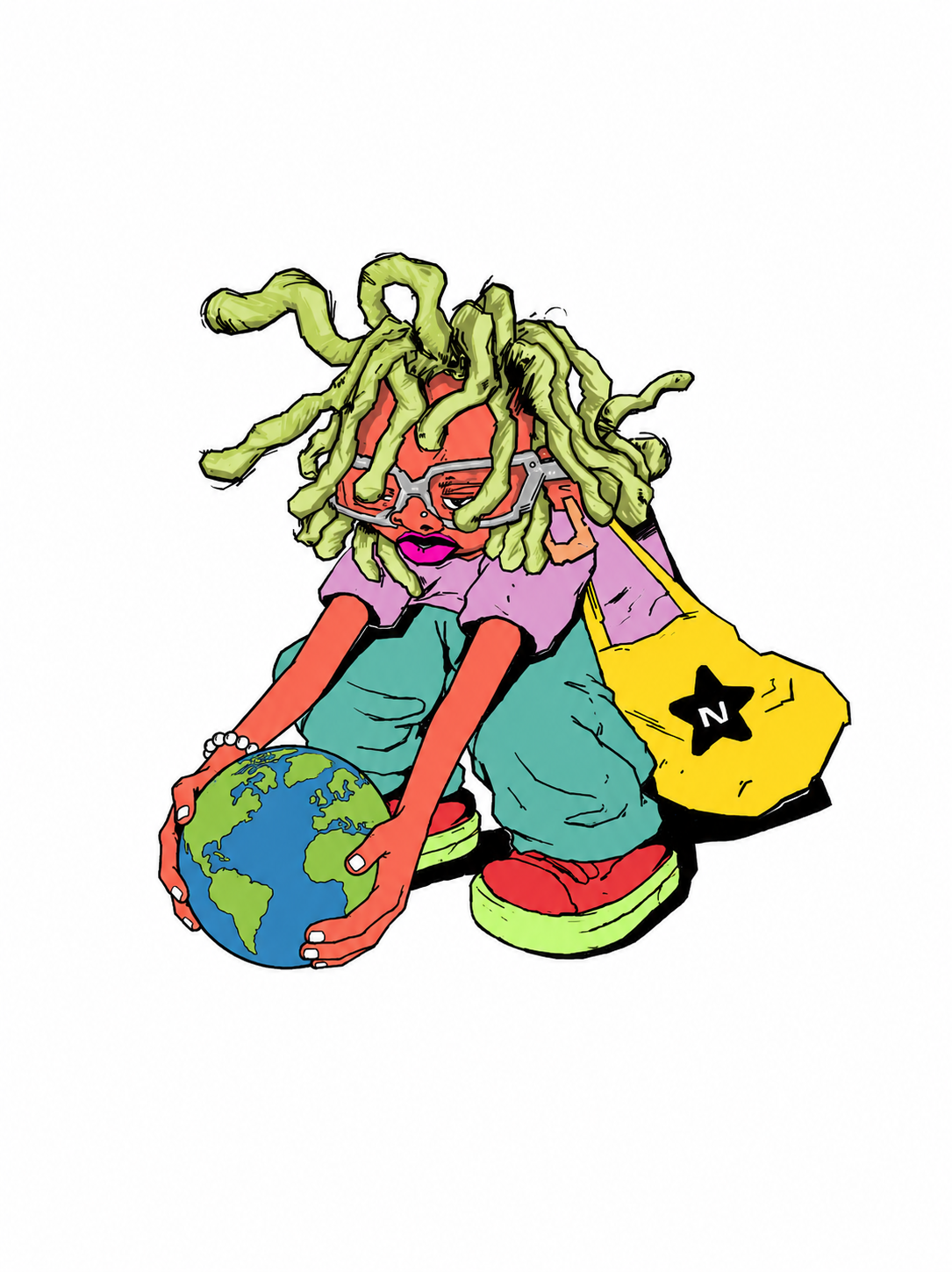 NuWorld mascot: a hand-drawn character with green locs, silver glasses, a purple tee and teal jeans, cradling planet Earth